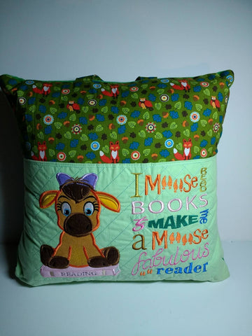 Pocket travel pillow, reading pillow with woodland print and girl moose with reading saying embroidery, 16x16.