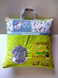 Pocket travel pillow, reading pillow with baby elephant and safari reading saying embroidery, 16x16.