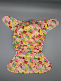 SassyCloth one size pocket cloth diaper with cupcake PUL print.