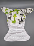 SassyCloth one size pocket cloth diaper with giraffe cotton print.