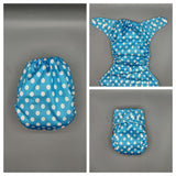 SassyCloth one size pocket cloth diaper with polka dot PUL print.
