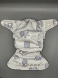 SassyCloth one size pocket cloth diaper with elephants cotton print.