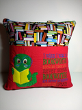 Pocket travel pillow, reading pillow with bookworm and reading saying embroidery, 16x16.