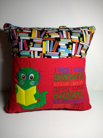 Pocket travel pillow, reading pillow with bookworm and reading saying embroidery, 16x16.