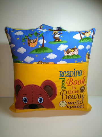 Pocket travel pillow, reading pillow with Teddy Bear and reading saying embroidery, 16x16.