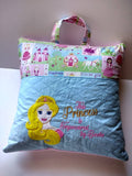 Pocket travel pillow, reading pillow with princess and reading saying embroidery, 16x16.