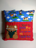 Pocket travel pillow, reading pillow with Teddy Bear and reading saying embroidery, 16x16.